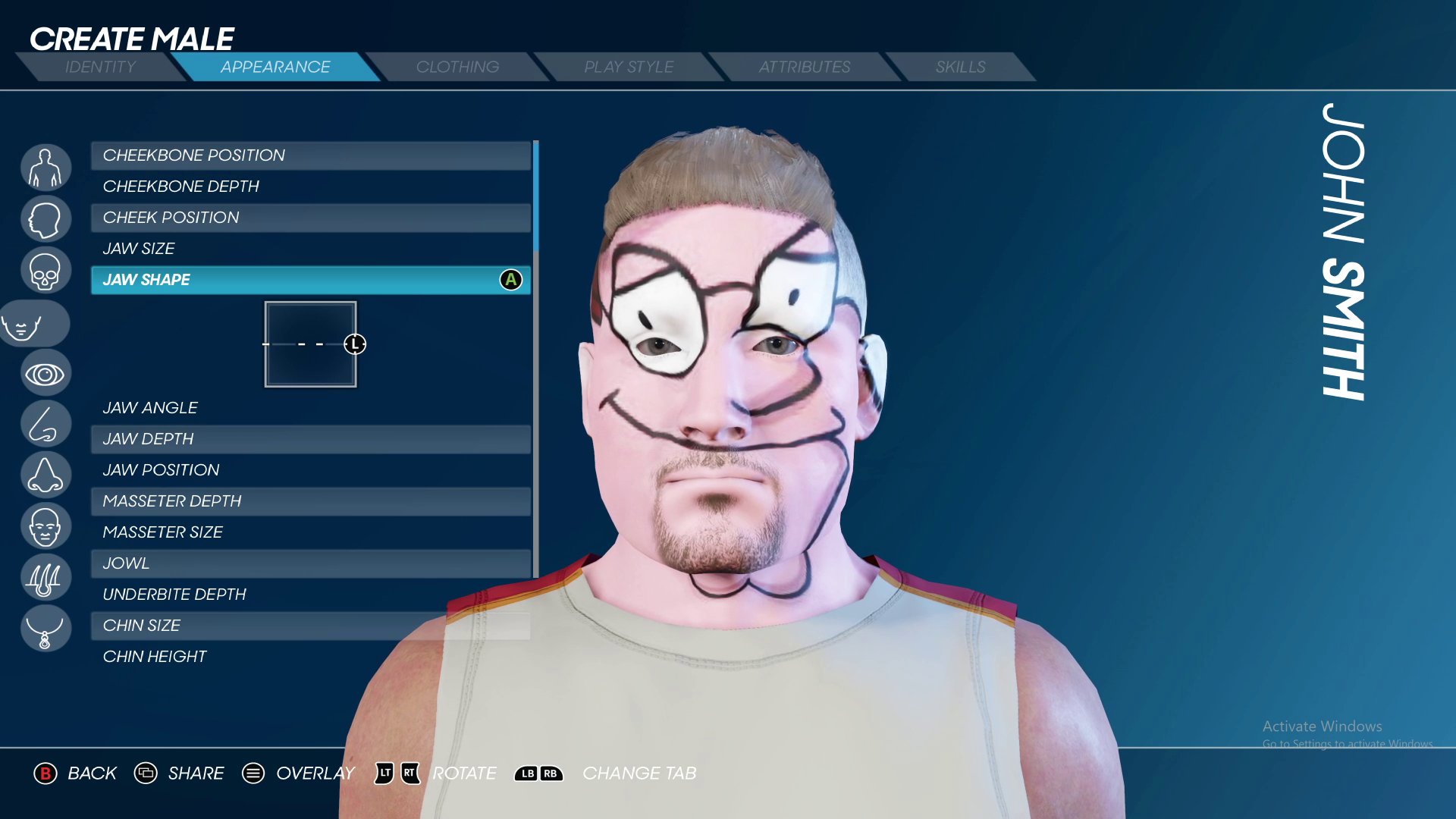 Picture of the character creation screen of AO Tennis 2, showing a man with an image of Peter Griffin grafted over his face.