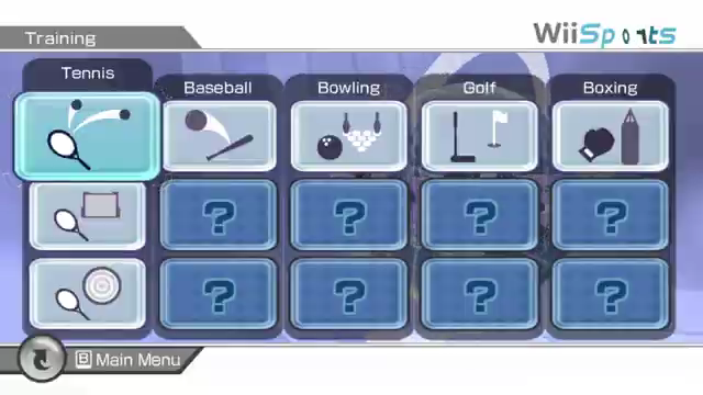 An image of the Wii Sports training screen, there are fifteen different games, three for each sport.